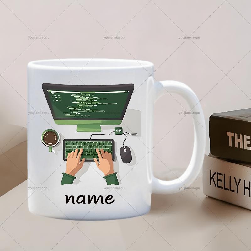 Tailorly White Ceramic 11 oz Mug - Name Coding On Screen With Hands Typing On Green Mechanical Keyboard Programmer