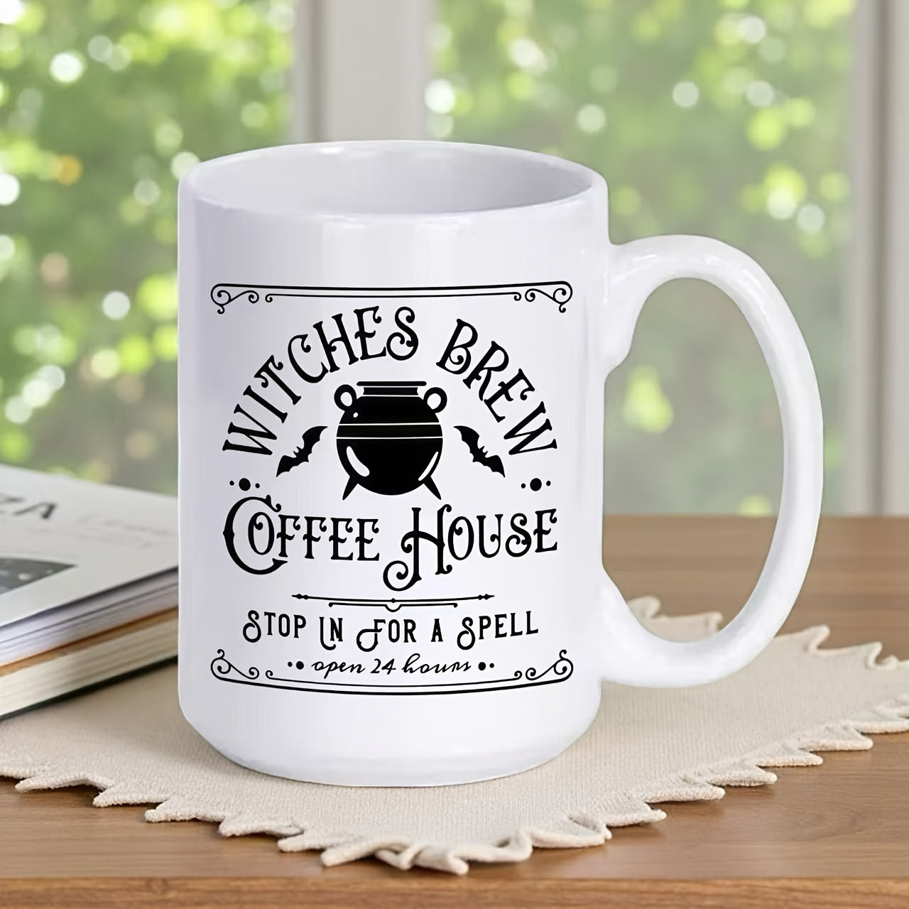 Tailorly White Ceramic 11 oz Mug - Witches Brew Coffee House Stop In For A Spell Ornate Vintage Border With Small Bats Around A Central Black Cauldron