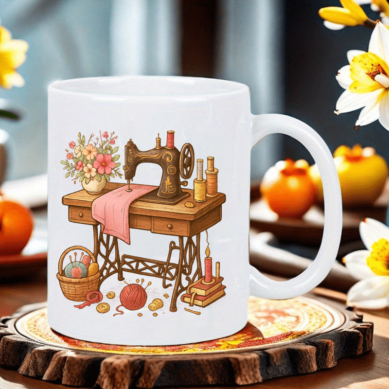Tailorly White Ceramic 11 oz Mug - Vintage Wooden Table With Pink Fabric And Colorful Balls Of Yarn Sewing Machine
