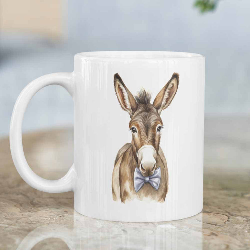 Tailorly White Ceramic 11 oz Mug - Rustic Watercolor Brown Farm Animal Wearing A Gentle Blue Bowtie Donkey