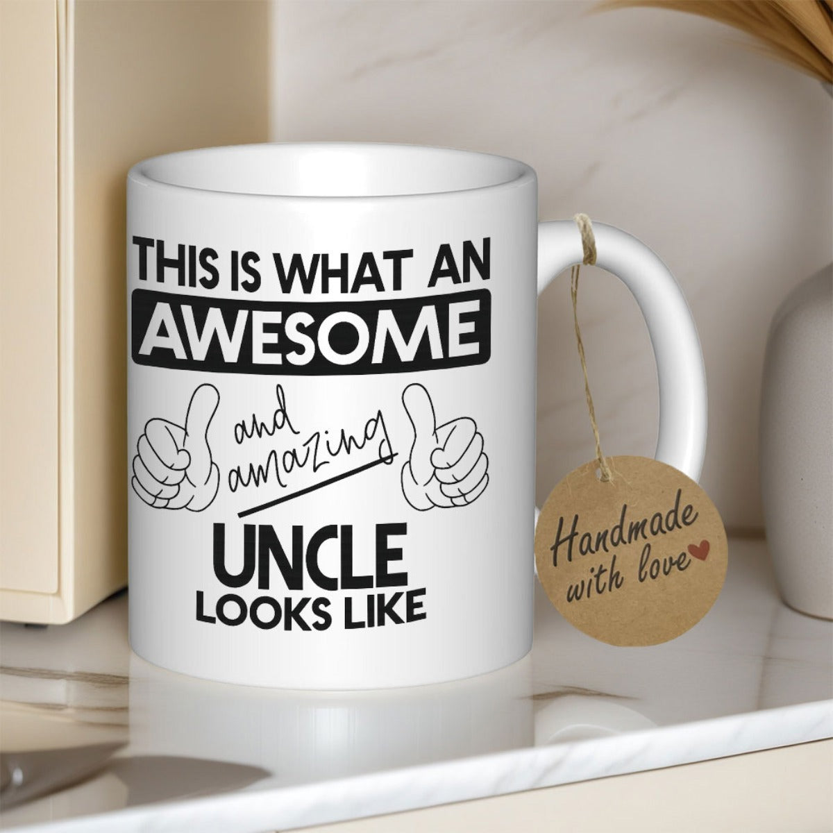 Tailorly White Ceramic 11 oz Mug - This Is What An Awesome And Amazing Uncle Looks Like Sleek White Ceramic Vessel Featuring Playful Cartoon Hands Graphic Mug