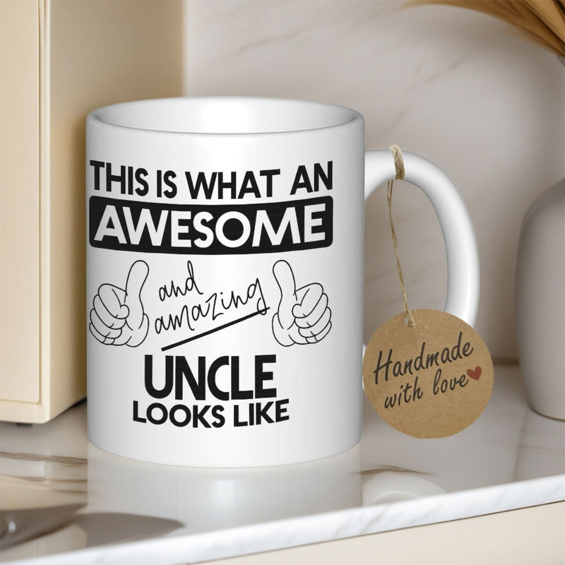 Tailorly White Ceramic 11 oz Mug - This Is What An Awesome And Amazing Uncle Looks Like Sleek White Ceramic Vessel Featuring Playful Cartoon Hands Graphic Mug