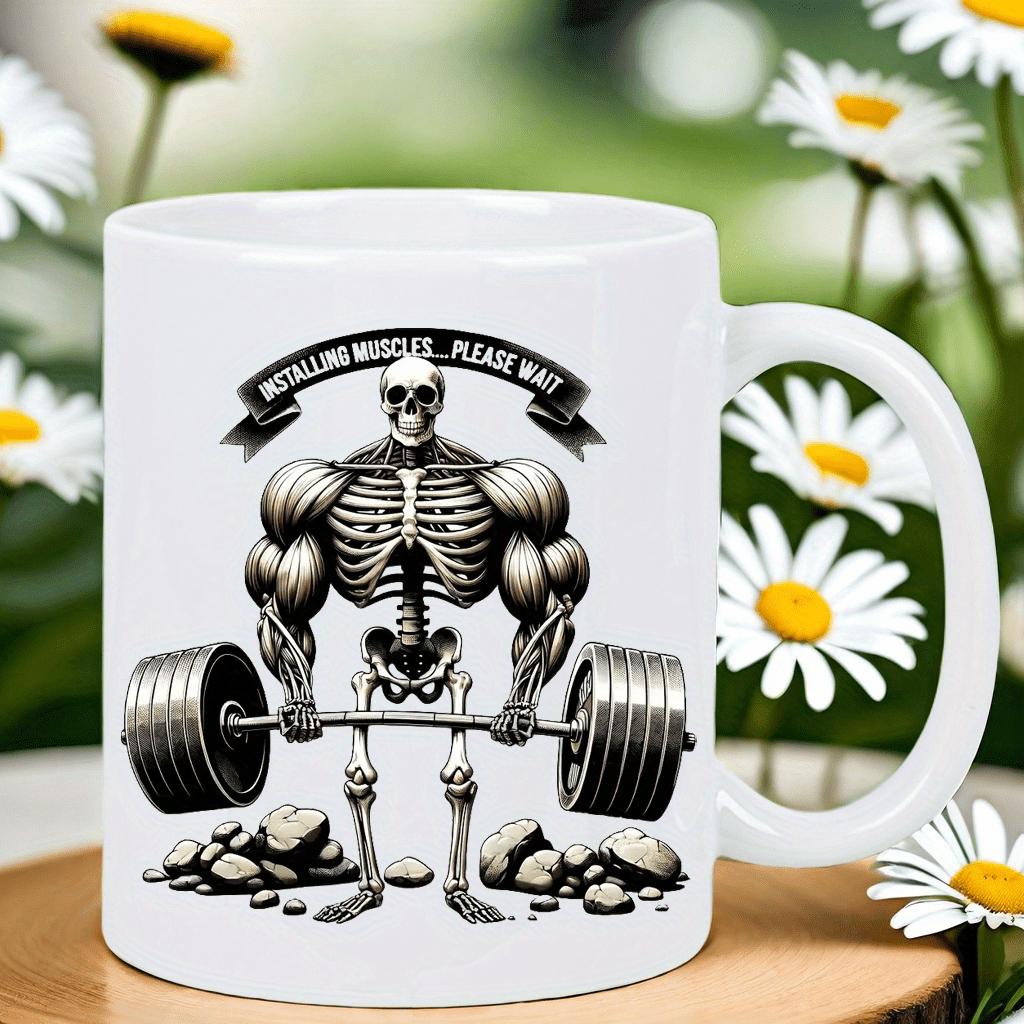 Tailorly White Ceramic 11 oz Mug - Installing Muscles Please Wait Strong Muscular Anatomy Lifting Heavy Barbell Standing Upon Rugged Stone Ground Skeleton