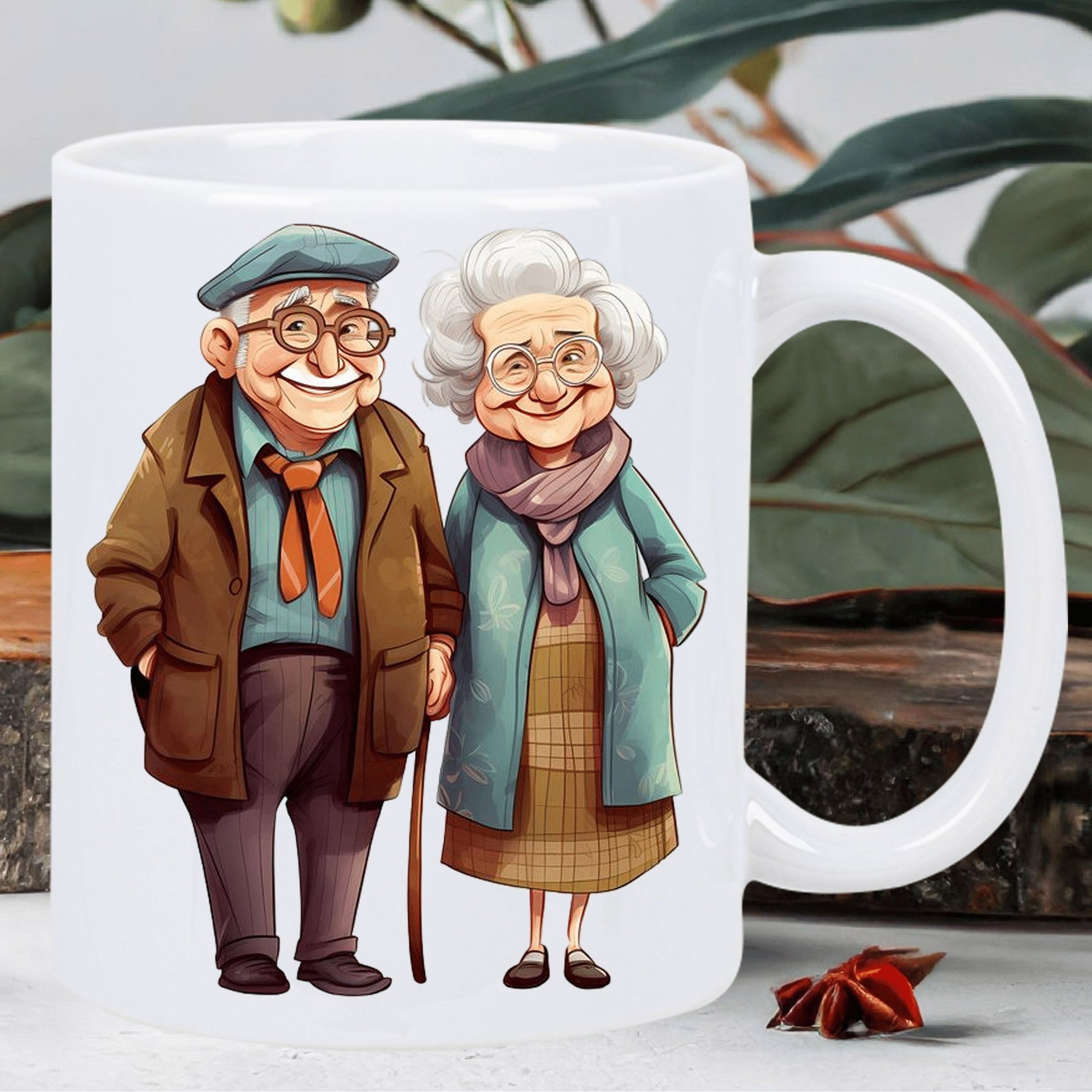 Tailorly White Ceramic 11 oz Mug - Charming Elderly Couple Wearing Warm Stylish Coats And Glasses Standing Together Couple