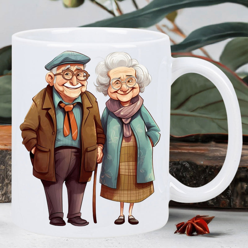 Tailorly White Ceramic 11 oz Mug - Charming Elderly Couple Wearing Warm Stylish Coats And Glasses Standing Together Couple