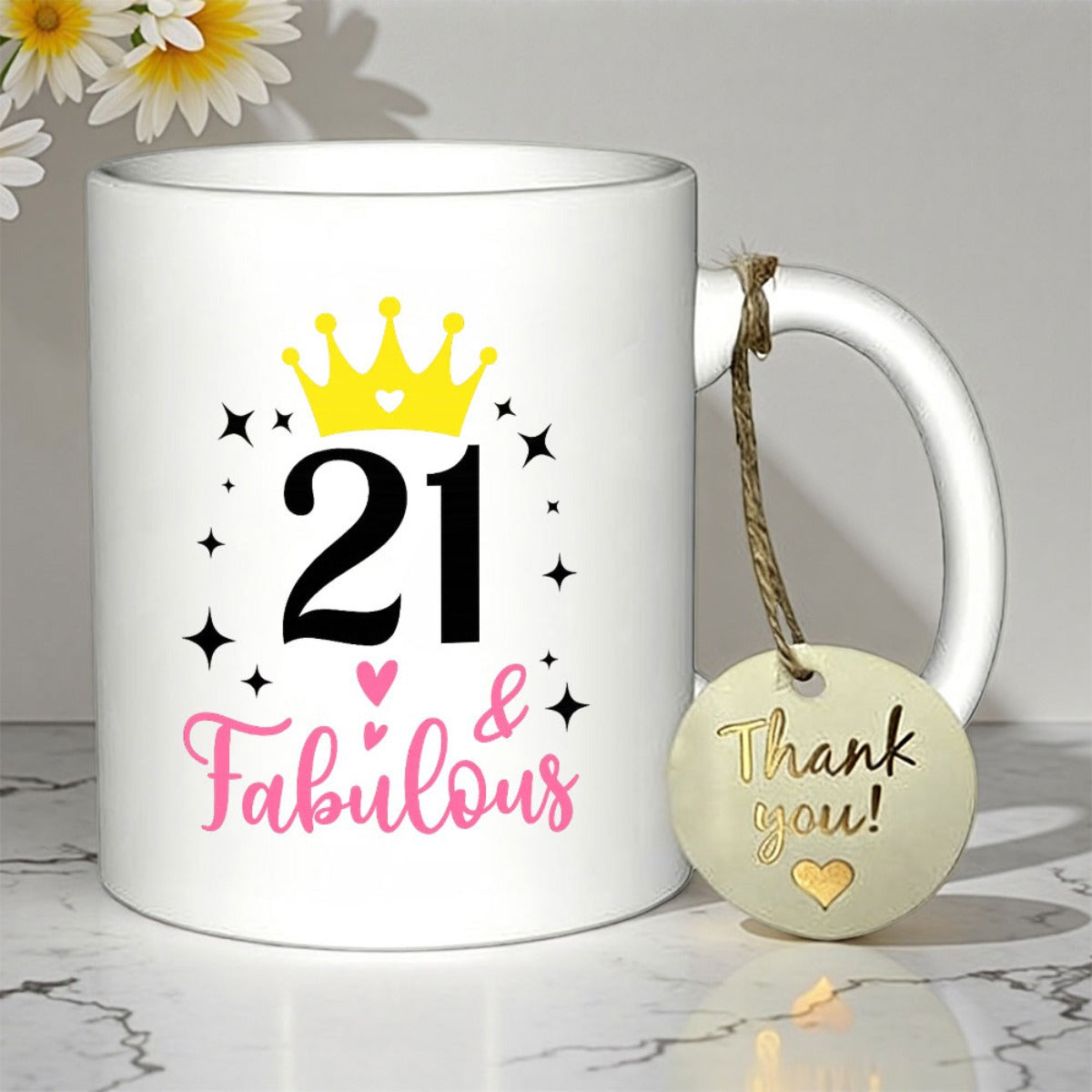 Tailorly White Ceramic 11 oz Mug - 21 Fabulous Golden Crown With Sparkles And Pink Hearts Elegant Cup