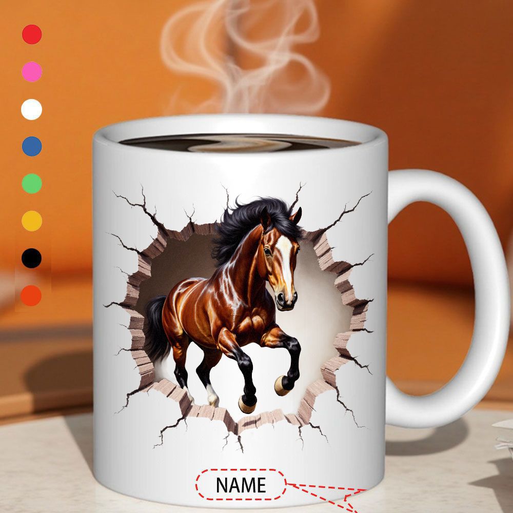 Tailorly White Ceramic 11 oz Mug - Majestic Brown Stallion Jumping Through A Shattered White Wall Horse
