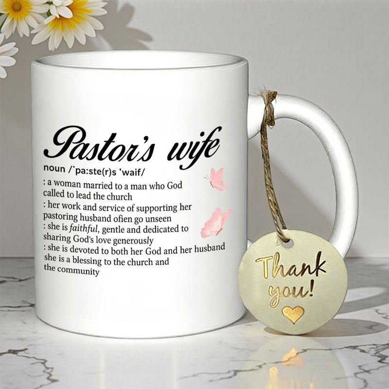 Tailorly White Ceramic 11 oz Mug - Pastor's Wife Graceful Pink Butterflies Fluttering Around Meaningful Dictionary Definition Sign