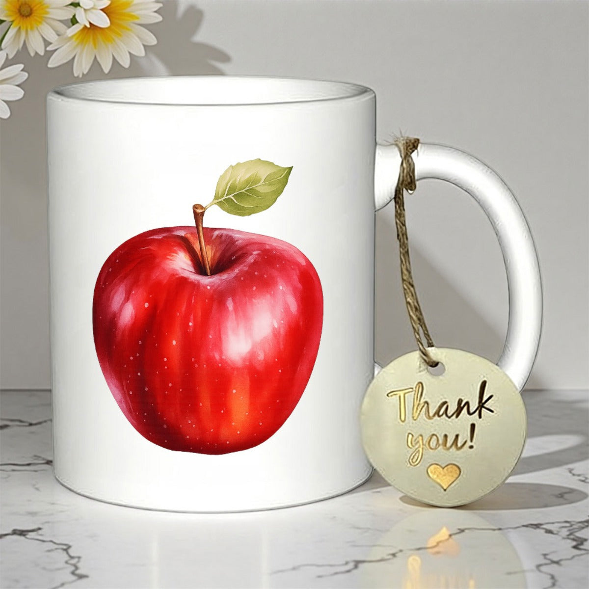 Tailorly White Ceramic 11 oz Mug - Thank You Vibrant Red Watercolor Style Fruit With A Single Green Leaf Apple