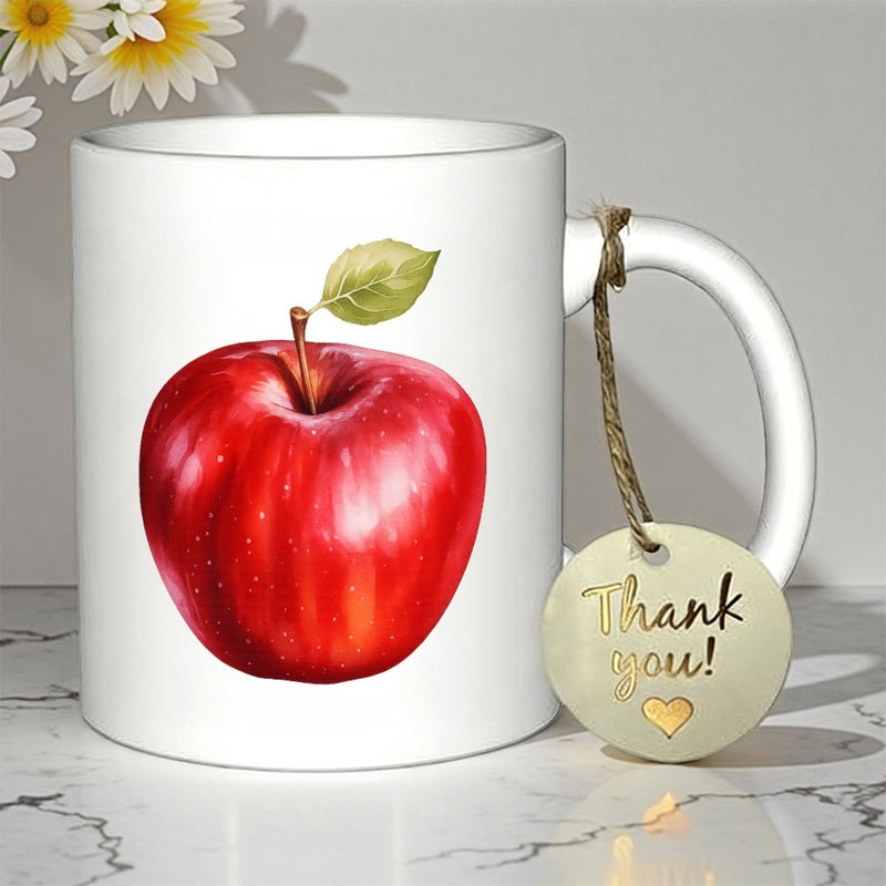 Tailorly White Ceramic 11 oz Mug - Thank You Vibrant Red Watercolor Style Fruit With A Single Green Leaf Apple