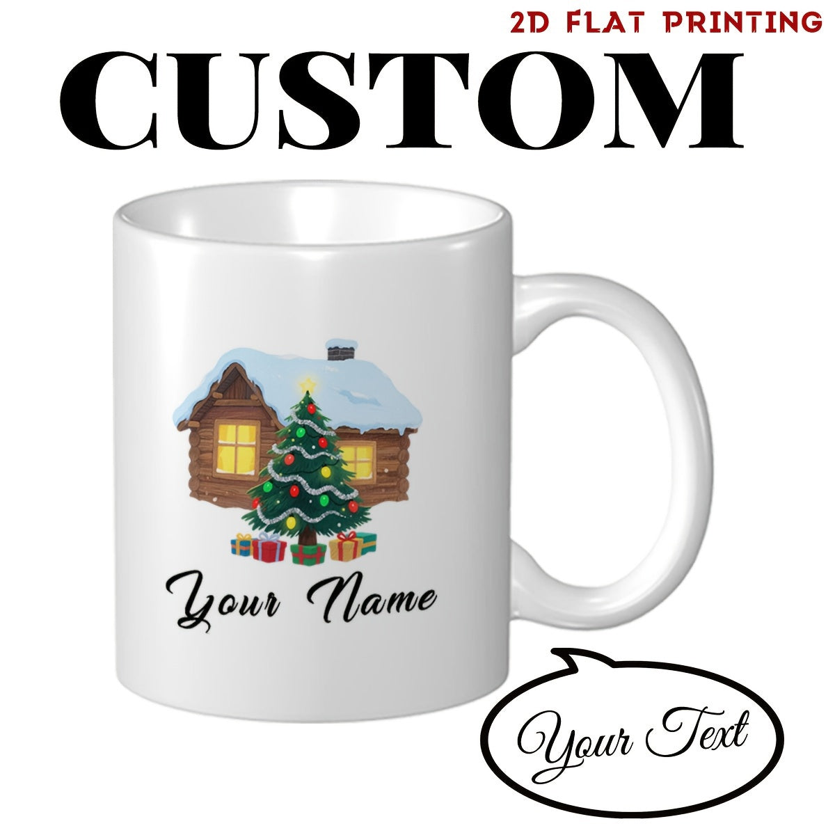 Tailorly White Ceramic 11 oz Mug - Your Name Your Text Snowy Winter Landscape With A Cozy Log House And Festive Christmas Tree Cabin