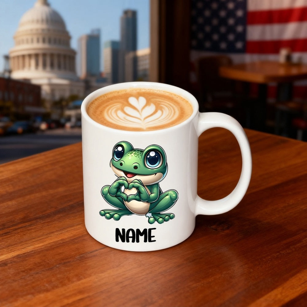 Tailorly White Ceramic 11 oz Mug - Name Charming Cartoon Green Creature Making Heart Shape With Little Webbed Hands Frog