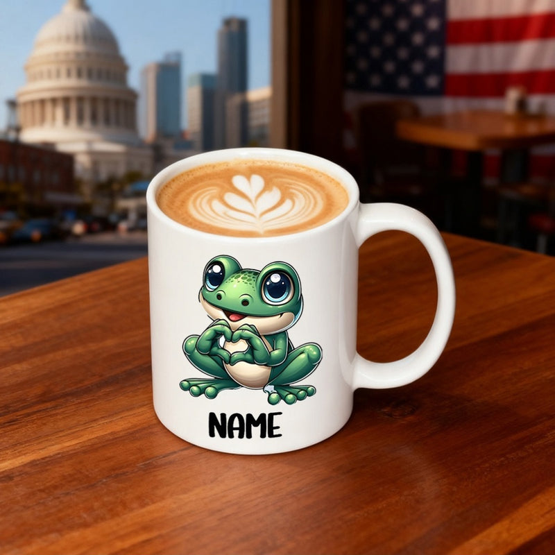 Tailorly White Ceramic 11 oz Mug - Name Charming Cartoon Green Creature Making Heart Shape With Little Webbed Hands Frog