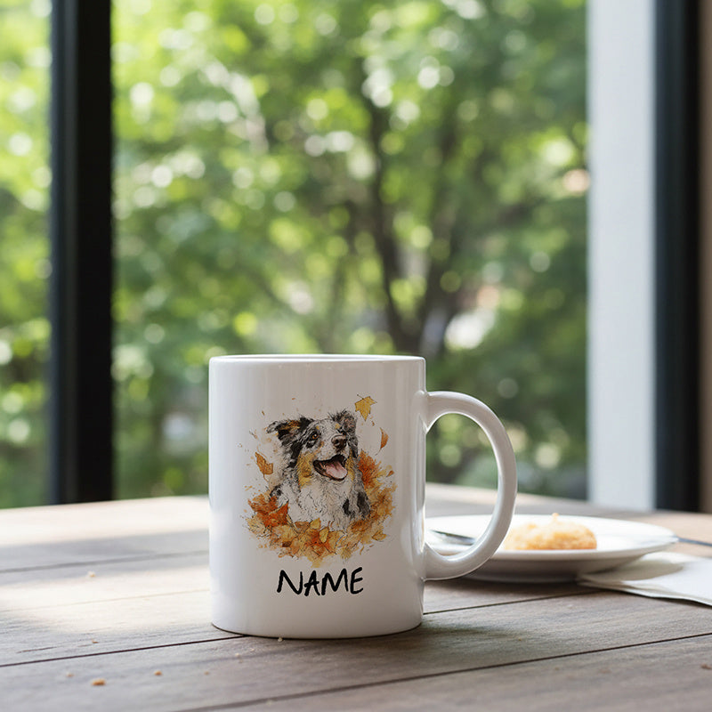 Tailorly White Ceramic 11 oz Mug - Name Charming Watercolor Dog Surrounded By Vibrant Golden Autumn Fallen Leaves Dog