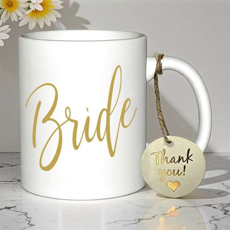 Tailorly White Ceramic 11 oz Mug - Bride Thank You Elegant Gold Script On Hanging Heart Tag Mug