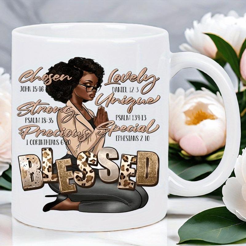 Tailorly White Ceramic 11 oz Mug - Chosen Lovely Strong Unique Precious Special Blessed Graceful Black Lady In Prayerful Pose Wearing Stylish Glasses And Blazer