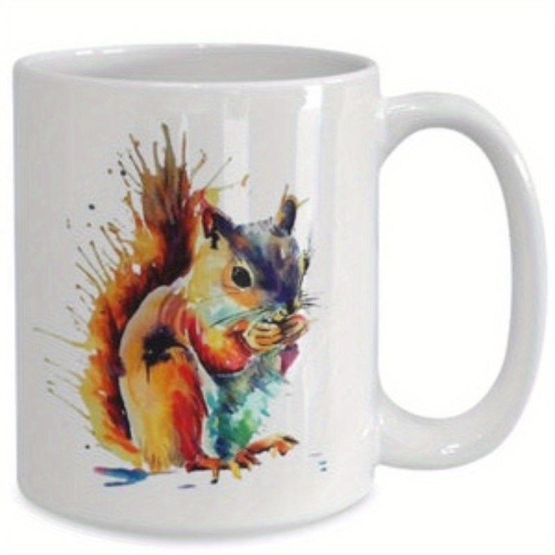 Tailorly White Ceramic 11 oz Mug - Vibrant Watercolor Artistic Splatters Surrounding A Small Wild Forest Squirrel