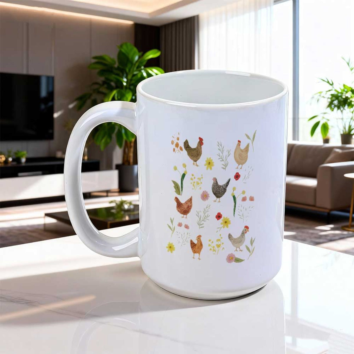 Tailorly White Ceramic 11 oz Mug - Various Colorful Farm Hens Walking Among Delicate Botanical Sprigs And Flowers Chicken