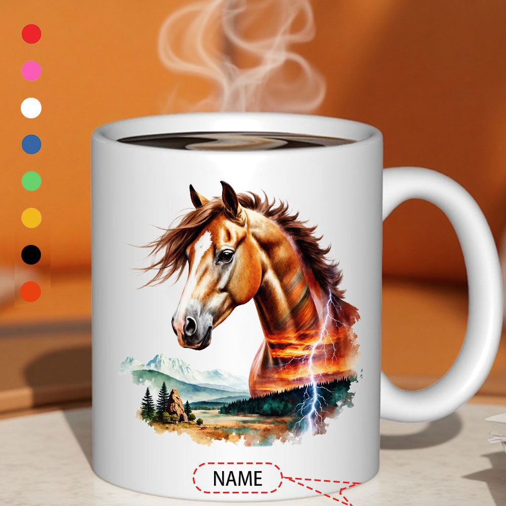 Tailorly White Ceramic 11 oz Mug - Name Majestic Brown Stallion With Flowing Mane Over Serene Mountain Landscape Horse