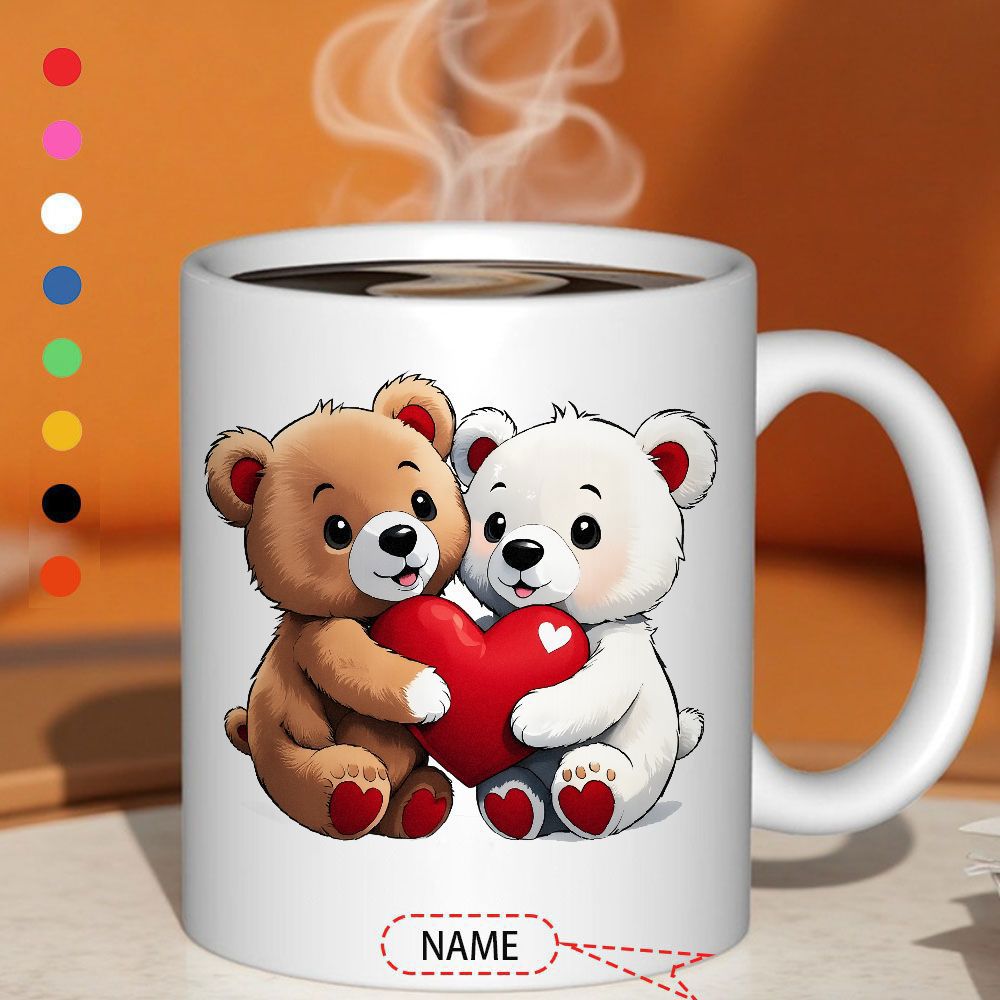 Tailorly White Ceramic 11 oz Mug - Name Two Adorable Cuddly Bears Holding A Large Red Romantic Heart Bear