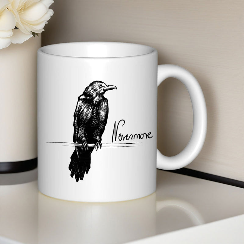 Tailorly White Ceramic 11 oz Mug - Nevermore Detailed Black Ink Sketch Of A Raven On A Wire Raven