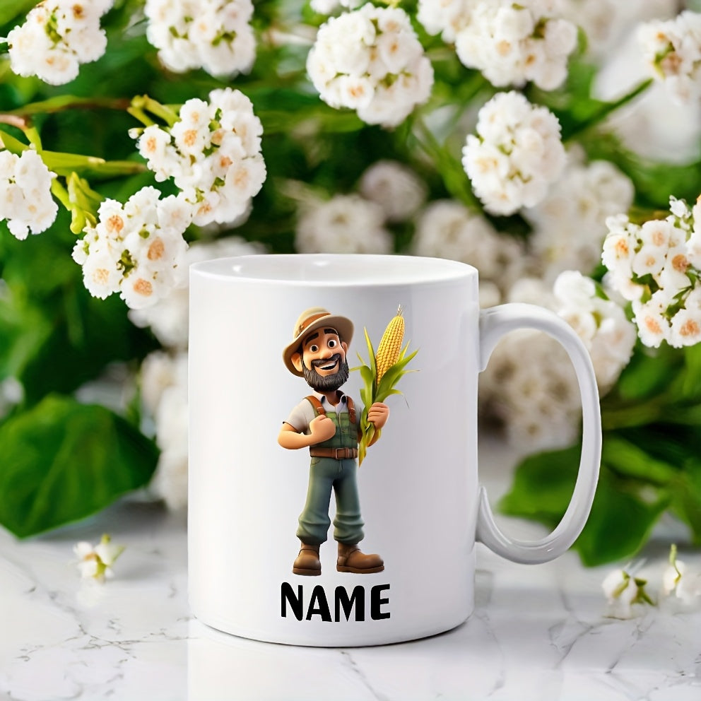 Tailorly White Ceramic 11 oz Mug - Name Cheerful Character Wearing A Hat And Overalls Holding Corn Farmer