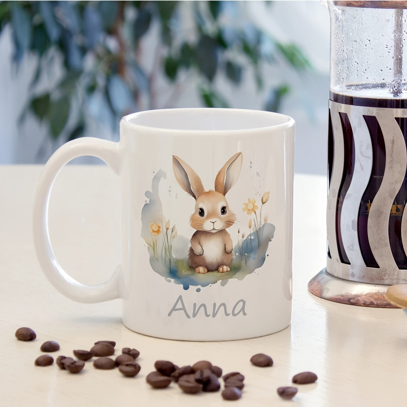 Tailorly White Ceramic 11 oz Mug - Anna Watercolor Style Cute Brown Rabbit Sitting Among Soft Blue Flowers Bunny
