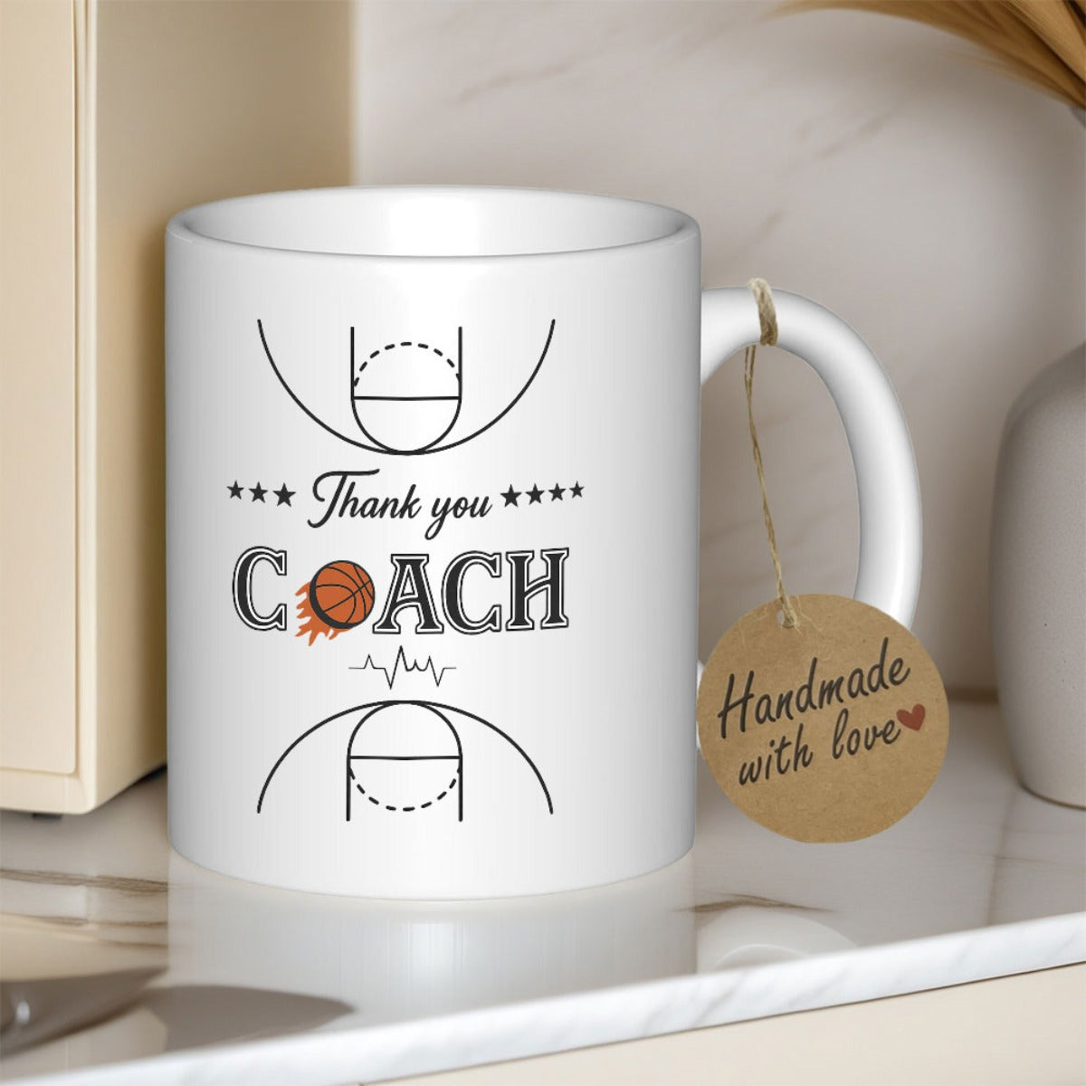 Tailorly White Ceramic 11 oz Mug - Thank You Coach With Flaming Ball Among Court Lines And Heartbeat Rhythm Basketball