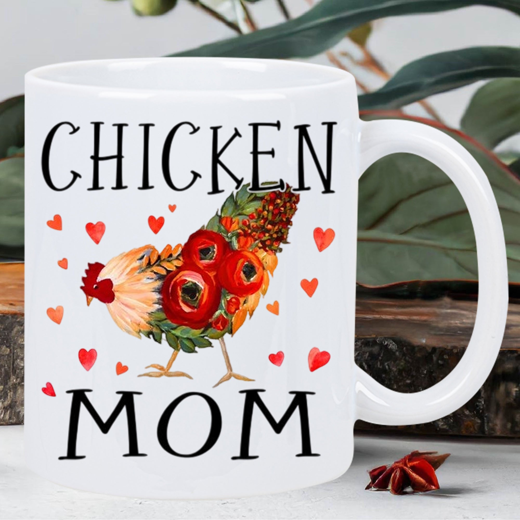 Tailorly White Ceramic 11 oz Mug - Chicken Mom Floral Hen Formed By Red Roses And Autumnal Foliage With Hearts Chicken