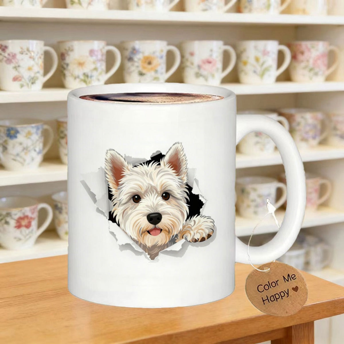 Tailorly White Ceramic 11 oz Mug - Color Me Happy Adorable White Terrier Peeking Through A Realistic Cracked Surface Hole Dog