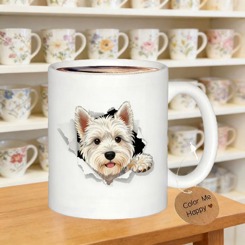 Tailorly White Ceramic 11 oz Mug - Color Me Happy Adorable White Terrier Peeking Through A Realistic Cracked Surface Hole Dog