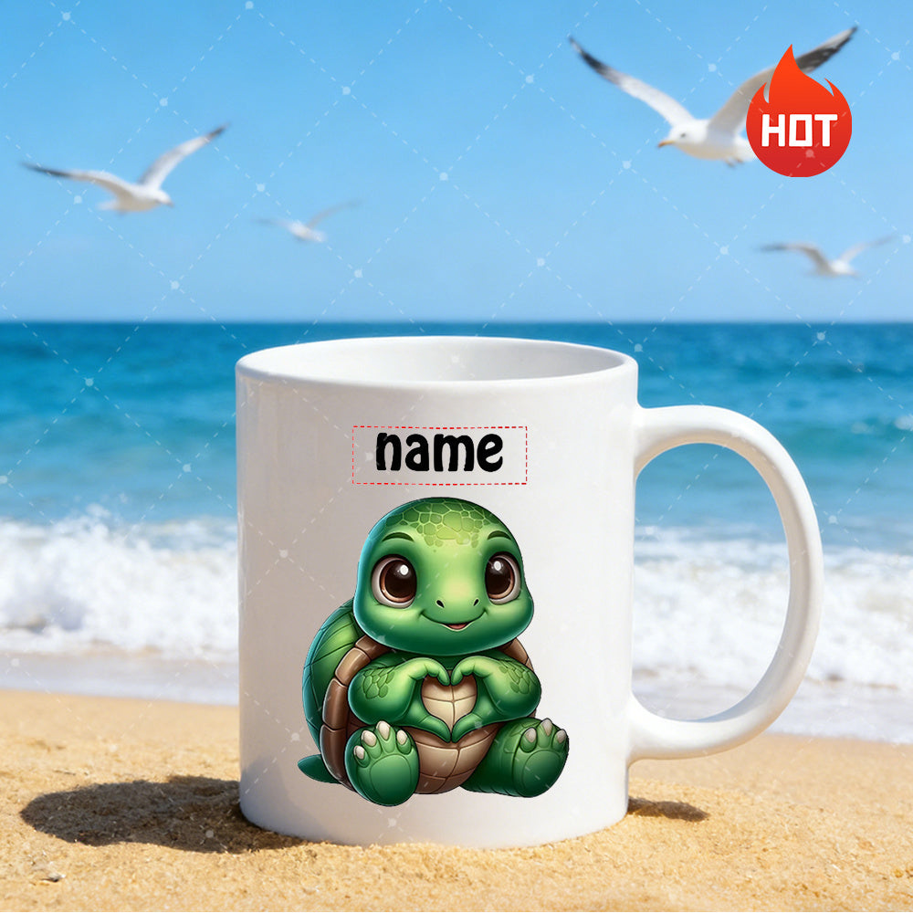 Tailorly White Ceramic 11 oz Mug - Name Adorable Cartoon Turtle Making Heart Gesture Sitting On Sandy Beach Turtle