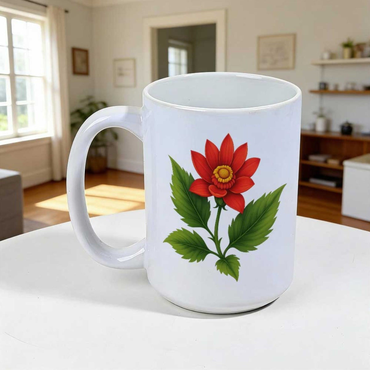 Tailorly White Ceramic 11 oz Mug - Vibrant Red Petals With Rich Green Foliage On Elegant Stems Flower