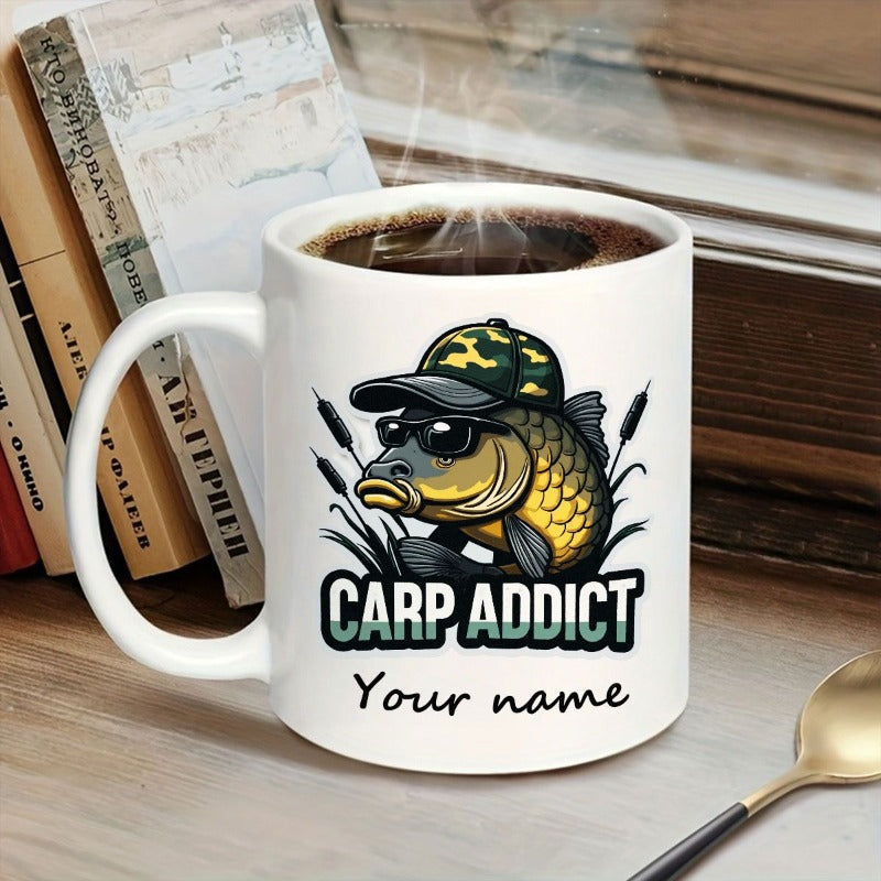 Tailorly White Ceramic 11 oz Mug - Carp Addict Your Name Cool Fishing Carp Wearing Camo Hat And Sunglasses Among Reeds Carp