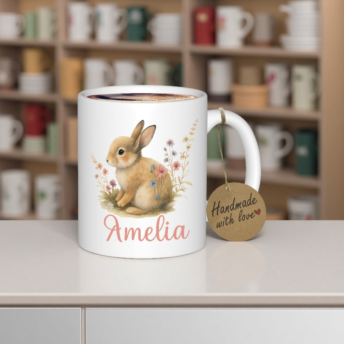 Tailorly White Ceramic 11 oz Mug - Amelia Cute Watercolor Style Sitting Among Delicate Pastel Spring Meadow Wildflowers Rabbit