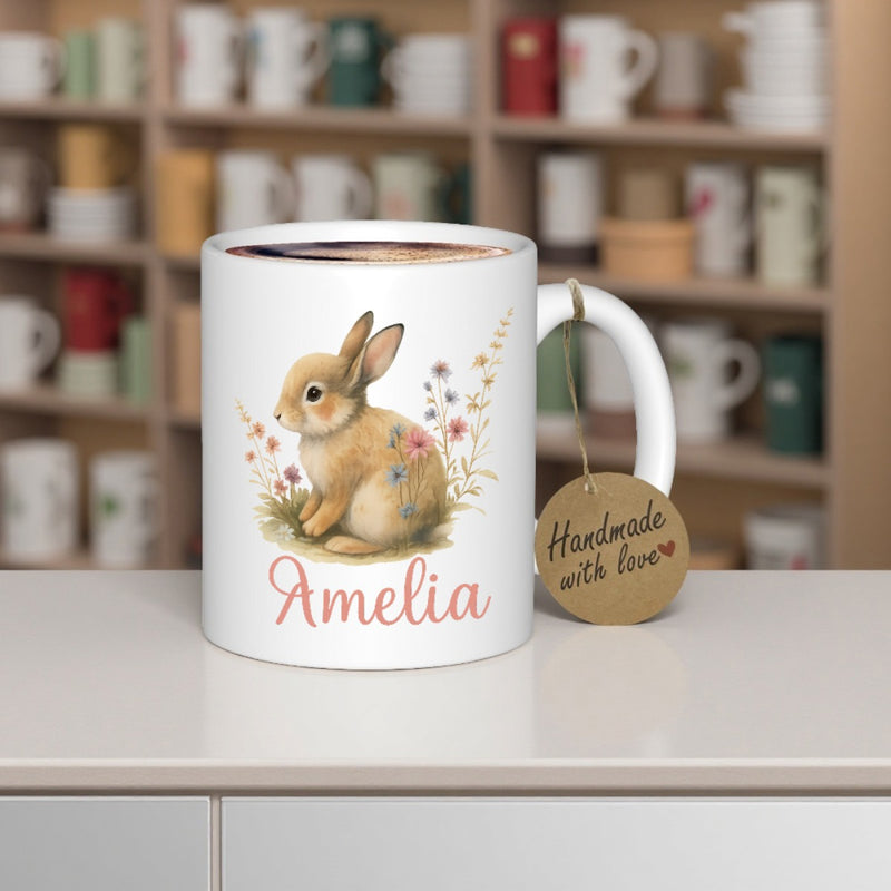 Tailorly White Ceramic 11 oz Mug - Amelia Cute Watercolor Style Sitting Among Delicate Pastel Spring Meadow Wildflowers Rabbit