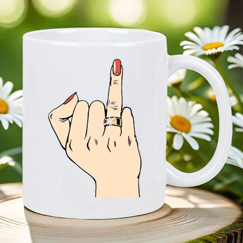 Tailorly White Ceramic 11 oz Mug - Stylized Illustration Of Hand With Painted Red Nails Wearing Gold Ring Hand