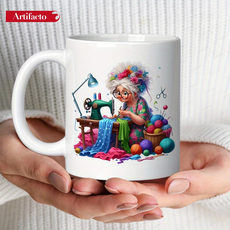 Tailorly White Ceramic 11 oz Mug - Whimsical Elderly Lady Working With Vibrant Fabrics And Vintage Sewing Machine Seamstress