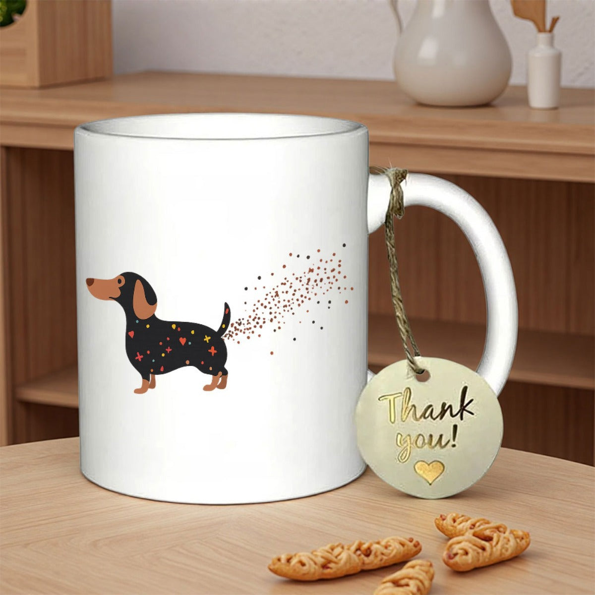 Tailorly White Ceramic 11 oz Mug - Playful Black Dog With Colorful Spots Emitting Sparkling Golden Dust Trail Dachshund