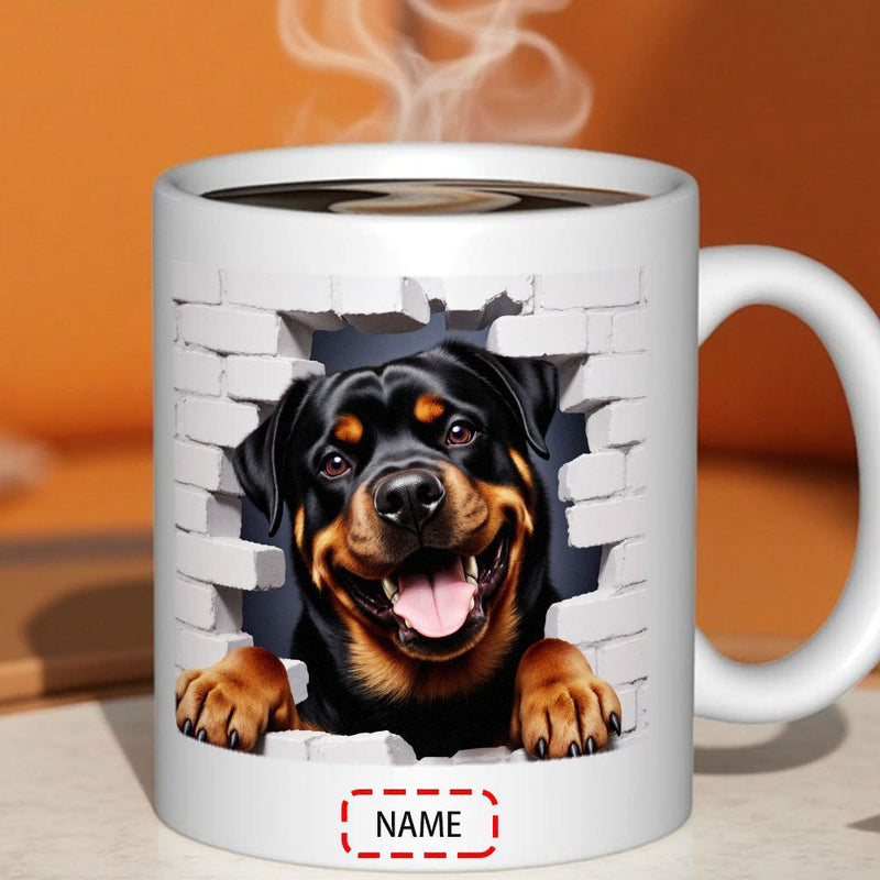 Tailorly White Ceramic 11 oz Mug - Name Loyal Rottweiler Peering Through Broken White Brick Wall Design Cute Dog