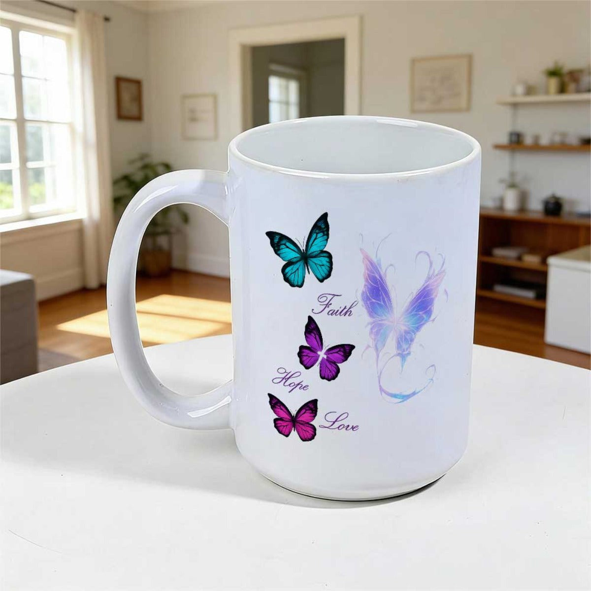 Tailorly White Ceramic 11 oz Mug - Faith Hope Love Vibrant Colorful Butterflies Fluttering Gracefully Beside Ethereal Glowing Artistic Wings Butterfly