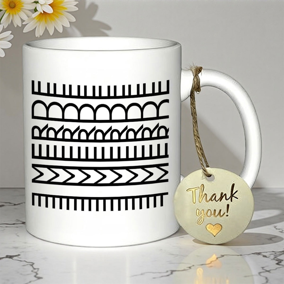 Tailorly White Ceramic 11 oz Mug - Thank You Symmetrical Black Geometric Lines With Arches And Chevrons Pattern