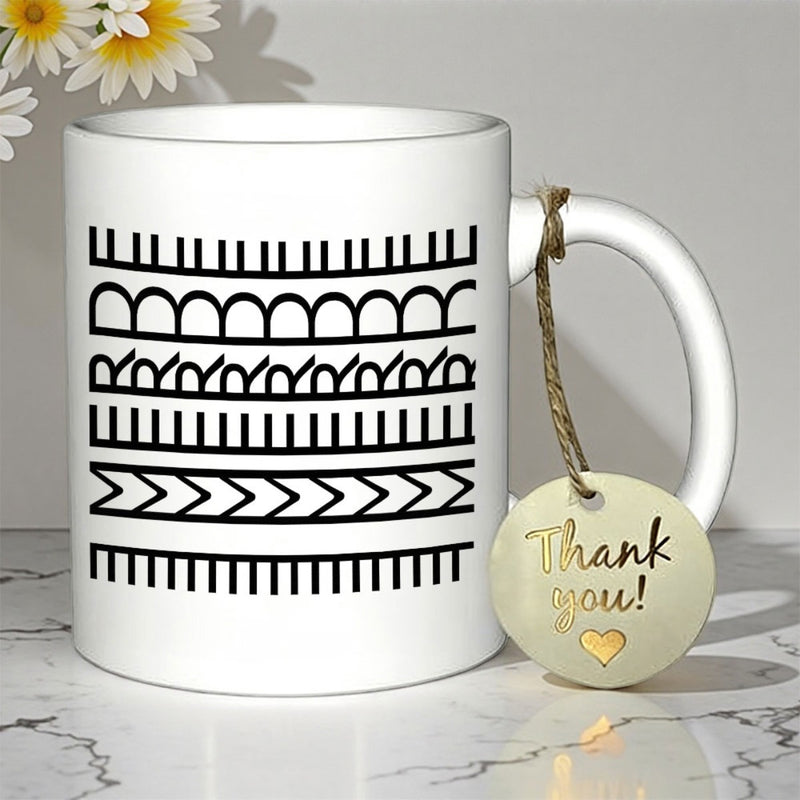 Tailorly White Ceramic 11 oz Mug - Thank You Symmetrical Black Geometric Lines With Arches And Chevrons Pattern