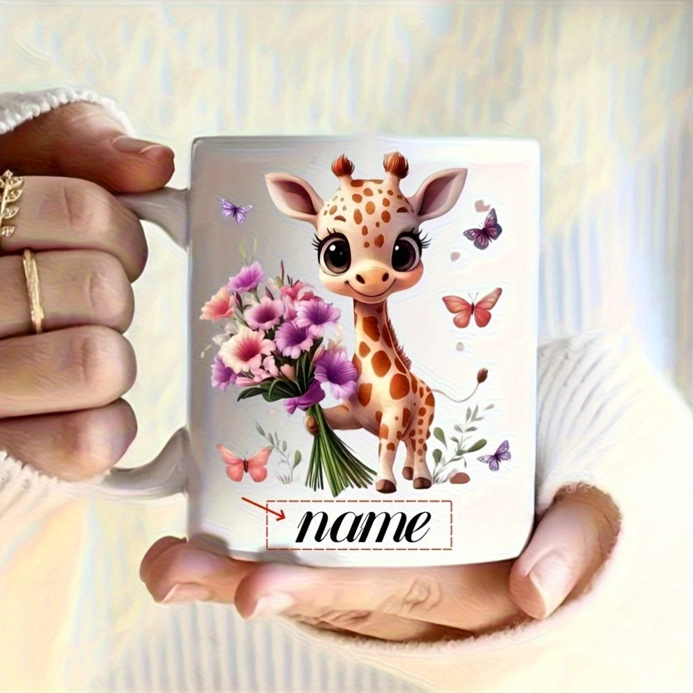 Tailorly White Ceramic 11 oz Mug - Name Adorable Baby Giraffe Holding Beautiful Flower Bouquet Surrounded By Fluttering Butterflies Giraffe