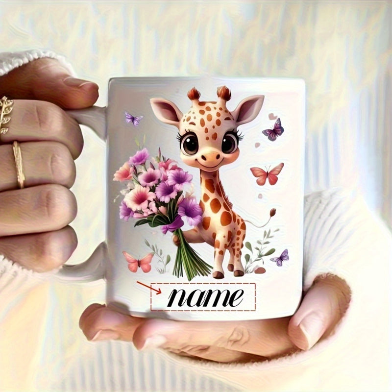 Tailorly White Ceramic 11 oz Mug - Name Adorable Baby Giraffe Holding Beautiful Flower Bouquet Surrounded By Fluttering Butterflies Giraffe