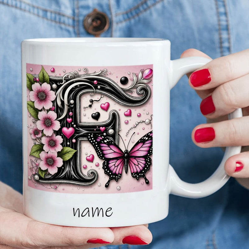 Tailorly White Ceramic 11 oz Mug - Name Elegant Decorative Monogram Letter With Pink Flowers And Hearts Butterfly