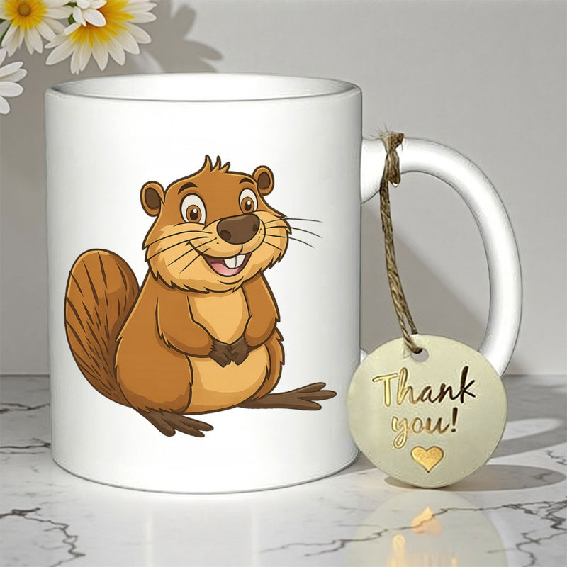 Tailorly White Ceramic 11 oz Mug - Thank You Smiling Brown Cartoon Woodchuck Featuring A Big Friendly Smile Beaver