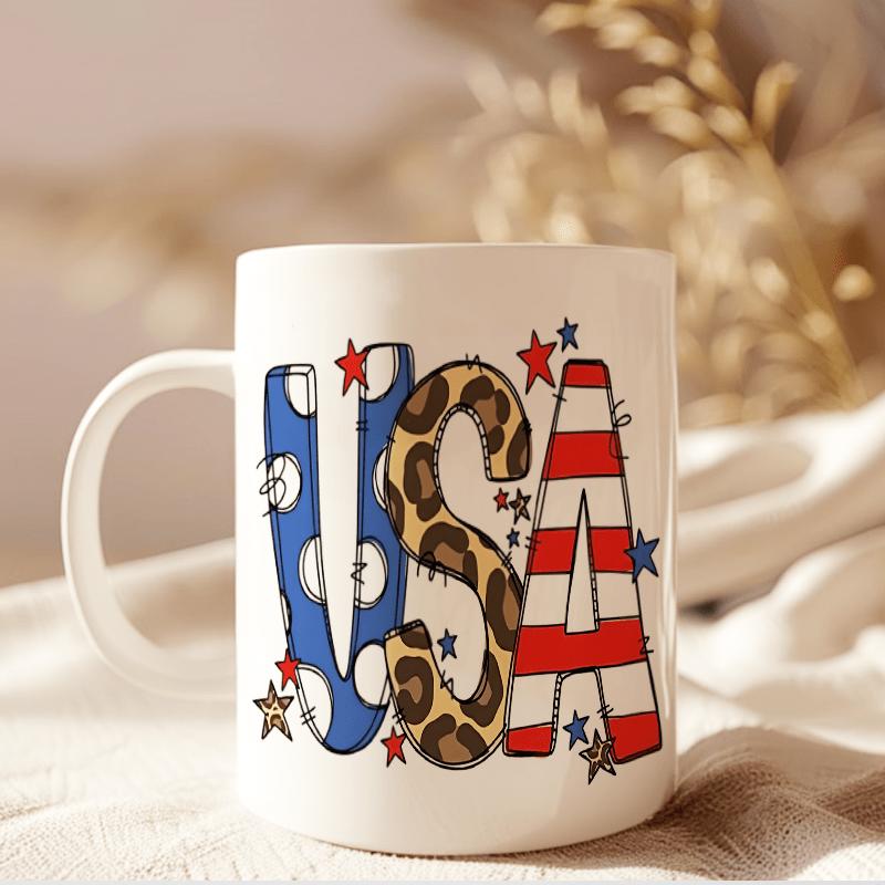Tailorly White Ceramic 11 oz Mug - USA Patriotic Stars And Stripes Mixed With Leopard Patterns Featuring Decorative Little Stars USA