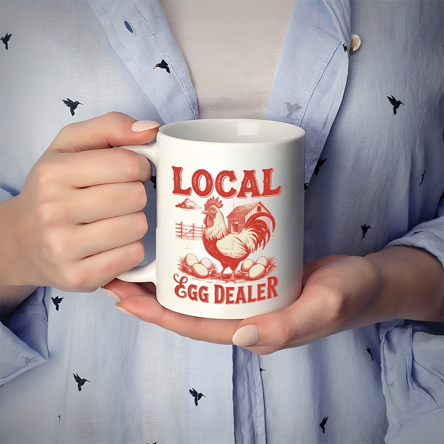 Tailorly White Ceramic 11 oz Mug - Local Egg Dealer Vintage Farmhouse Style Rooster Guarding Fresh Eggs In A Nest Rooster