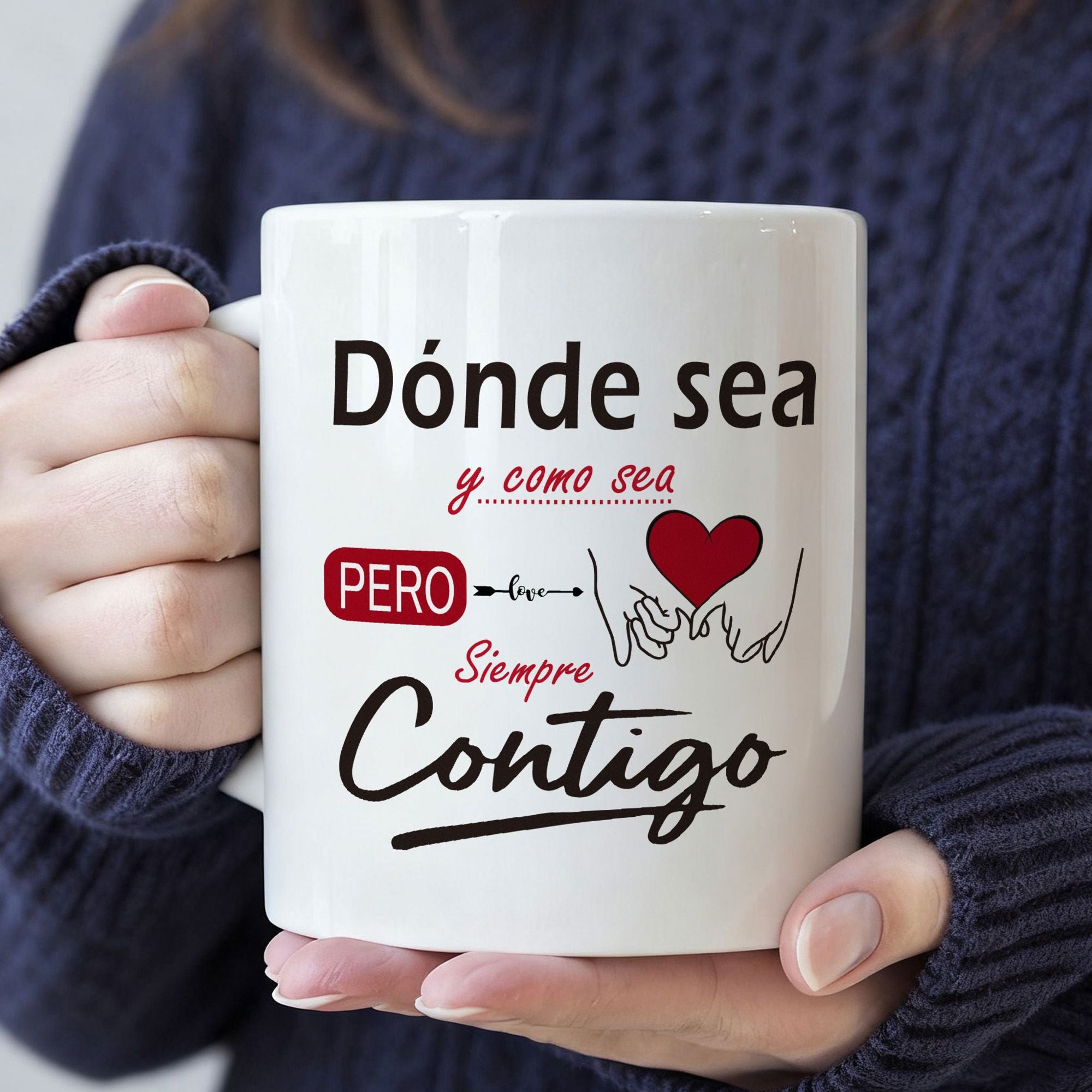 Tailorly White Ceramic 11 oz Mug - Minimalist Line Art Hands Holding A Small Red Romantic Heart